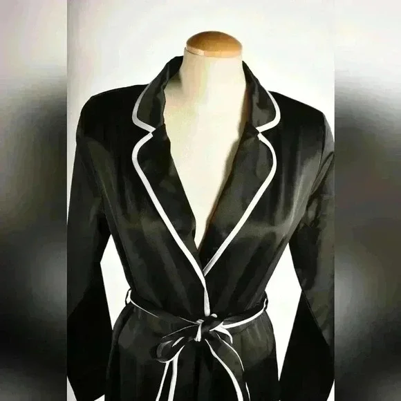 MISSGUIDED Black White Piped Poly Satin Pyjama Tie Wide Leg Jumpsuit 8US 12UK - Picture 6 of 11